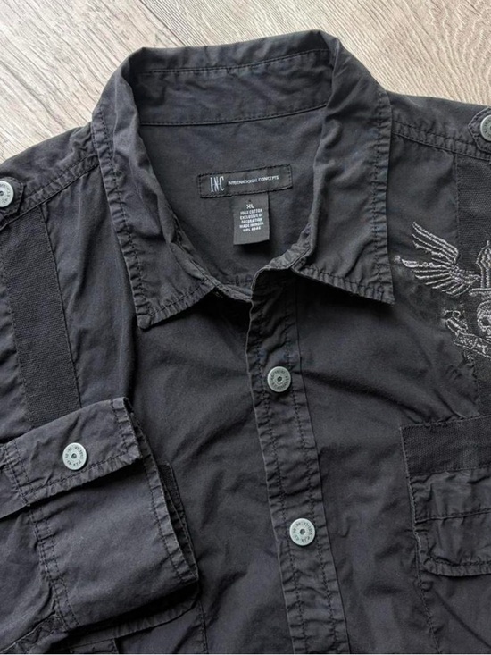 INC International Concepts Long Sleeve Snap Button Up Size XL Black Skull Grunge - Picture 2 of 11